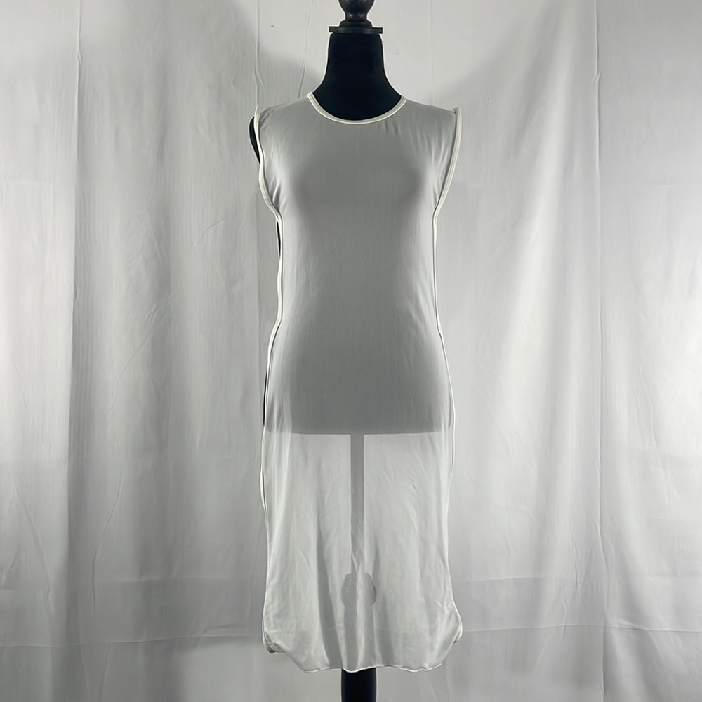 Sheer white sleeveless swim cover, tunic, top, peek a boo slits on side, Large